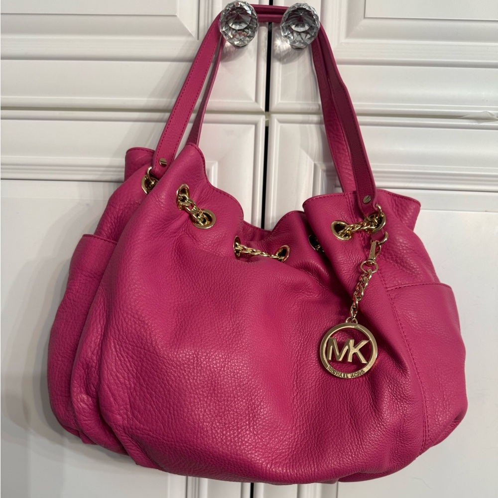 Michael Michael Kors Leather Jet Set Chain Excess Large Ring Tote Bag Fuchsia